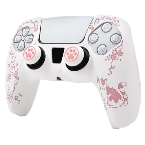 Cat Among Blossoming Branches Controller Skin Cover Compatible with PS5/Playstation 5 Controller, RALAN Protector Case Customised Thumb Grip - color: Cat White Pink