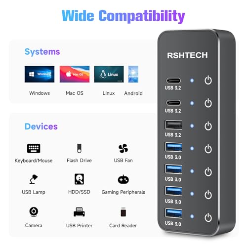RSHTECH 7-Port Powered USB 3.2/USB C Hub with 10Gbps USB-A 3.2, 2 USB-C 3.2, 4 USB 3.0 Ports, Individual Touch Switches, 3.3ft Cable and 5V Power Adapter, USB Hub Splitter for Laptop/PC, RSH-ST07C - size: 7-Port Powered USB Hub