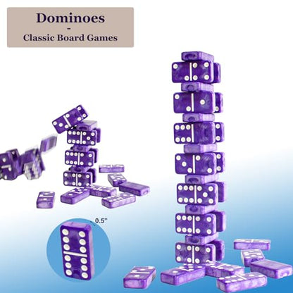 Dominos Set for Adults – Double 6 Dominos - Dominoes Set for Kids and Adults - 28 Marbleized Purple Jumbo Domino, Classic Board Game for Family Nights & Travel (Purple Case) - color: Purple