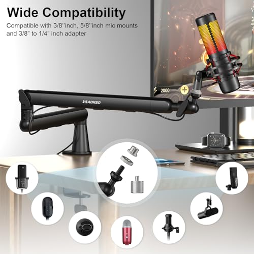 Microphone Arm,Aokeo AK-55 Desk Low Profile Adjustable Mic Boom Arm Stand,Suitable For Blue Yeti,Snowball iCE, HyperX QuadCast,SoloCast,Elgato Wave,Etc - color: Black