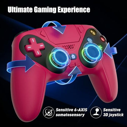 Xexvyrin LED Wireless Controller for PS5, Compatible with PS5 Pro/Slim/PC, Dual Vibration, Macro/Turbo Function, 3.5mm Audio Jack,1000mAh Battery, 6-Axis Motion Control Gamepad with Speaker（Black） (Rose Red) - color: rose red