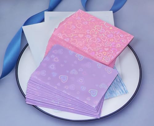ONLYKXY 100pcs Soft Clear Plastic Heart Glitter Bag Storage Pouch Laser Sleeve Cover Pocket Holder Holographic Photo Protector Top Loader for 3in Trading Card Coin Jewelry (Hot Pink & Purple) - color: Hot Pink & Purple