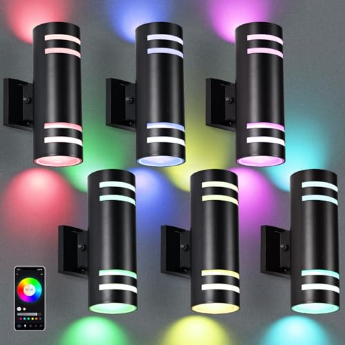 RGB Up and Down Lights Outdoor Wall Lights 6 Packs, Smart Color Changing Outdoor Wall Sconce WiFi Voice & App Control,Aluminum Waterproof Exterior Lights for Porch Compatible with Alexa - color: Black-Cylinder 2, size: 6 Pack