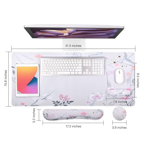 MEGREZ 4-in-1 Mouse Pad with Wrist Rest Ergonomic Memory Foam Desk Mat Set | ergonomic, anti-slip base, 4pcs set, desk pad, mouse wrist rest, keyboard rest, coaster, ideal for office & gaming - color: Pink Flower