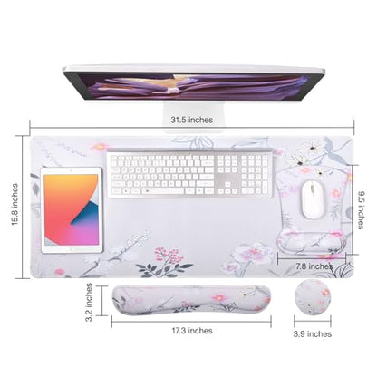 MEGREZ 4-in-1 Mouse Pad with Wrist Rest Ergonomic Memory Foam Desk Mat Set | ergonomic, anti-slip base, 4pcs set, desk pad, mouse wrist rest, keyboard rest, coaster, ideal for office & gaming - color: Pink Flower