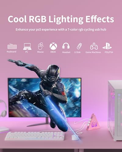 7-Port USB 3.0 Hub, RGB USB Hub with RGB Tree Light and 2ft Cable, USB Hub 3.0 Pink USB Expander for Laptop, PC, Flash Drive, HDD, Console, Printer, Keyboard, Mouse (Pink) - color: 3-Tree Pink
