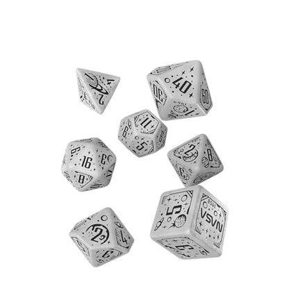 Space Dice Set Apollo by Q-Workshop – RPG Dice Set Inspired by NASA Apollo – Shimmering White with Black Engravings – Perfect for Tabletop Games & RPGs – 7 Polyhedral Dice (D4, D6, D8, 2D10, D12, D20)