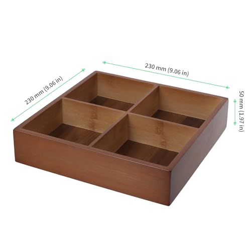 FUNSUEI 2 PCS Multi Compartment Wooden Tray, Divided Wooden Tray, Square Bamboo Trays with 4 Sections, Bamboo Divided Serving Trays Storage Box for Snacks Appetizers, 9 x 9 x 1.77 Inch - size: 2 PCS 4 Sections