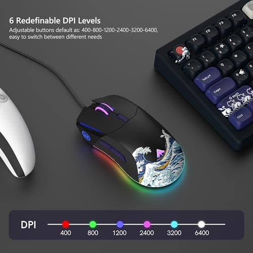 Womier Wired Gaming Mouse,Black RGB Anime Mouse w/Ergonomic Computer | 12000DPI/6 Programmable Buttons Programmable Buttons for Laptop PC Mac Windows (G705 V2 Kanagawa) - color: Black