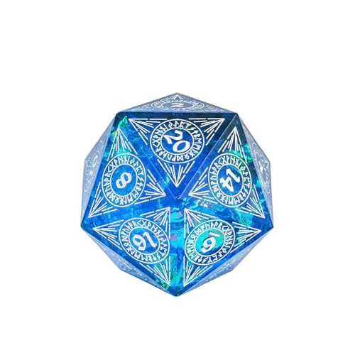 Cusdie Single D20 DND Dice with Sharp Edges and Glitter Foil Inclusions, 20 Sided D&D Dice, 33mm Handcrafted Polyhedral Dice, for Role Playing Game (Blue w/White Pattern) - color: Blue W/White Pattern