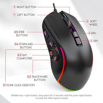 ASHATA RGB Gaming Mouse, Customizable Ergonomic Gaming Mouse Wired with Adjustable DPI 800-12800, 10 Programmable Buttons, 14 Lighting Effects, for PC Computer