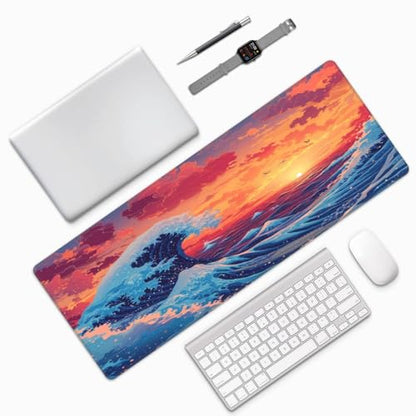 Gaming Mouse Pad Desk Pad,Extended Big Mouse Pad,31.5x11.8 Inch Long Computer Keyboard Mouse Mat Mousepad with 3mm Non-Slip Base and Stitched Edge for Gaming and Office… (Sunset Wave) - color: Sunset Wave