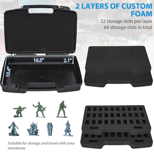 64 Slot Miniature Figure Storage & Carrying Case with 2 Foam Layers | Hard Shell Figurine Minature Case with 2 Customizable Foam Layers for Large Miniatures