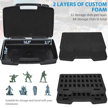 64 Slot Miniature Figure Storage & Carrying Case with 2 Foam Layers | Hard Shell Figurine Minature Case with 2 Customizable Foam Layers for Large Miniatures