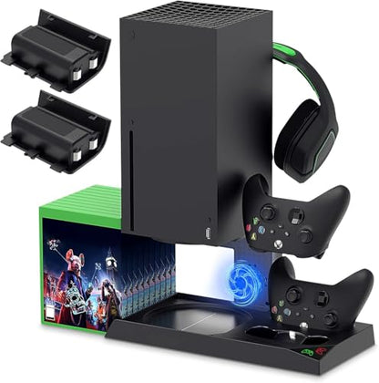 YUANHOT Cooling Stand Charging Station for Xbox Series X Console & Controller - Vertical Dock with 2 Rechargeable 1400mAh Batteries, Fan Cooling, Headset Holder & Disc Storage