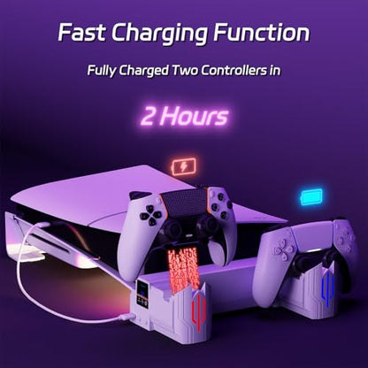 Slim Horizontal Stand Compatible with Slim Disc & Digital Version Dual Use Charging Station with Multi-Mode RGB Light with 3-Level Cooling Fan,White