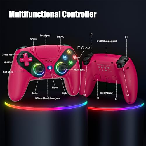 Dinosoo RGB Wireless Gamepad for PS5/PC/Mobile – Bluetooth Controller with Turbo, Macro, Dual Vibration, 6-Axis Gyro, Audio Jack, Speaker, 1000mAh Battery (Red) - color: Red