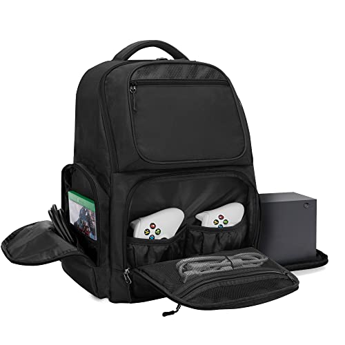 Trunab Backpack Compatible with Xbox Series X/S, Carry Case with Divider | Game Storage Bag Fits 15.6" Laptop, Controller & Cables, Padded Pockets for Gaming Accessories - color: Black Zip