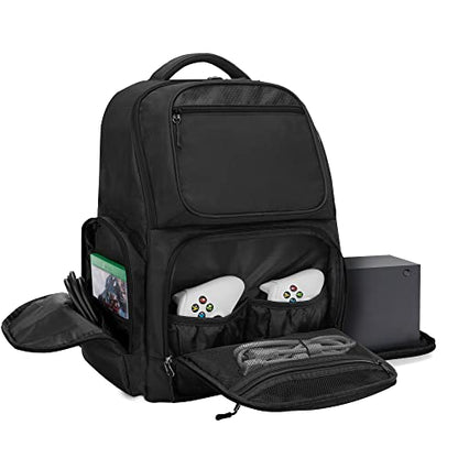 Trunab Backpack Compatible with Xbox Series X/S, Carry Case with Divider | Game Storage Bag Fits 15.6" Laptop, Controller & Cables, Padded Pockets for Gaming Accessories - color: Black Zip