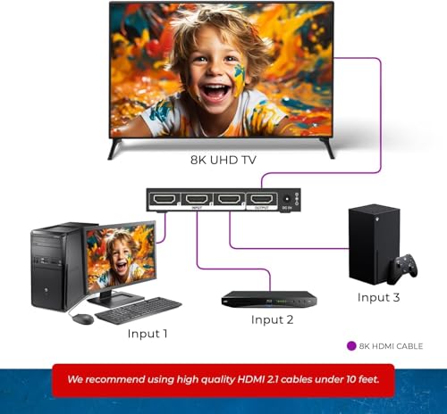 OREI 8K 3-Port HDMI 2.1 Switch, 3-in 1-Out, 8K@60Hz, Manual & Auto Switch | hdmi switch with remote, hdmi switch 4k 120hz, HDR10+, Dolby Vision, VRR, ALLM, CEC, PS5/Xbox compatible - size: 3x1 8K HDMI Switch