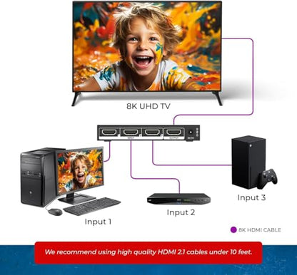 OREI 8K 3-Port HDMI 2.1 Switch, 3-in 1-Out, 8K@60Hz, Manual & Auto Switch | hdmi switch with remote, hdmi switch 4k 120hz, HDR10+, Dolby Vision, VRR, ALLM, CEC, PS5/Xbox compatible - size: 3x1 8K HDMI Switch