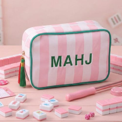 Sanwuta 1 Pcs Mahjong Tile Bag with Zipper,Pink, Green,Striped | Embroidered Mahjong Case for 166 American Mahjong Tiles (1.2") Portable Bags for Board Game Party Gathering Travel - color: Pink, style: Clean