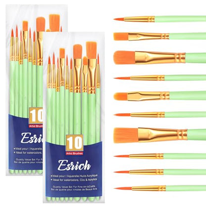 ESRICH Paint Brushes Set, 2 Packs 20 Pcs Acrylic Paint Brush Set, Acrylic Oil Watercolor, Face Nail Art, Miniature Detailing, Rock Painting,Painting Artist Professional Kits,Green - color: Green, size: 20