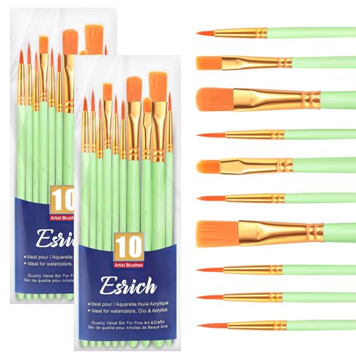 ESRICH Paint Brushes Set, 2 Packs 20 Pcs Acrylic Paint Brush Set, Acrylic Oil Watercolor, Face Nail Art, Miniature Detailing, Rock Painting,Painting Artist Professional Kits,Green - color: Green, size: 20