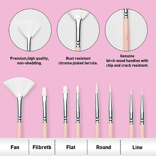 HIMI Paint Brushes Set 8 Pcs for Acrylic Oil Gouache Paint，2 Flat & 2 Round & 2 Liner &1 Filbret &1 Fan, 8pcs Brushs, Interesting Designed Nice Gift for Art hobbyist Beginners Artists (Pink,8Pcs) - color: 8pcs-pink