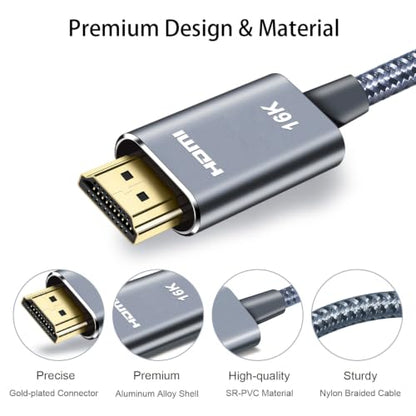 16K HDMI 2.2 Cable 6ft, 96Gbps High Speed, 16K@60Hz 8K@120Hz 4K@480Hz HDMI Cord with eARC, HDCP 2.2&2.3,HDR10, eARC, VRR & ALLM, Braided HDMI for PS5, Xbox Series X, Gaming PC, TV, Monitor, Projector - size: 6 FT