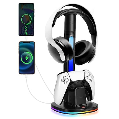 PS5 Controller Charging Station with RGB Headphone Stand, PS5 Controller Charger Holder with 2 USB Port, Headset Stand for PlayStation 5 & DualSense Edge Controllers Charging Dock - size: Charger for PS5