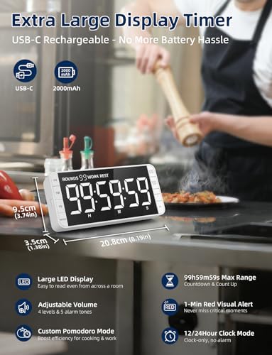Large 7.8" Digital Timer with LED Display, Magnetic for Kitchen & Classroom | USB-C Rechargeable Timer with 99-Hour Count Up & Countdown, 3 Brightness Levels, 5 Alarm Sounds, 4 Volume Levels for Study - color: White