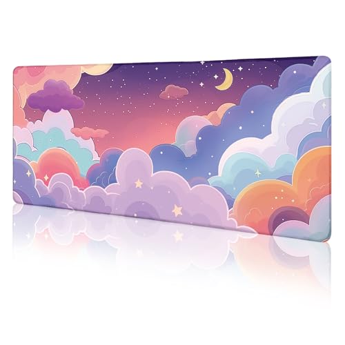 LIMKRIAN Purple Cloud Mouse Pad Kawaii Large Desk Mat, 31.5x11.8 in | Stitched Edges, Non-Slip, Mouse Pads for Gaming Computer Laptop, Desk Matt for Desktop, Cute Office Desk Accessories - color: Anime Purple Clouds
