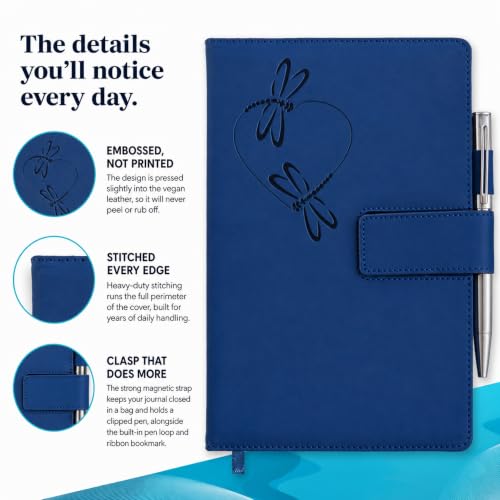 The Amazing Office Dragonfly Heart Refillable Journal, Blue Faux Leather, 200 Lined Pages, 5.75x8.5 Inch Notebook with Magnetic Clasp and Pen Holder, Writing Diary for Women and Men - color: Dragonfly-Heart Blue
