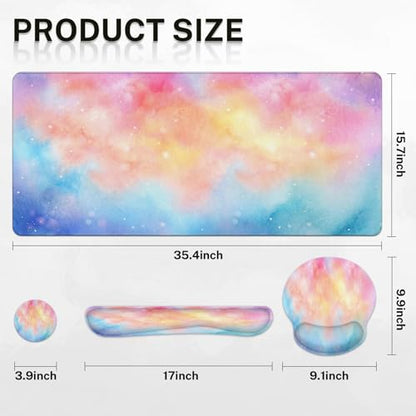 Arttown Keyboard Mouse Pad Set, 4 in 1 Desk Mat Set Iridescent Cloud | Starry Colorful Cute Large Mousepad+Keyboard Wrist Rest+Mouse Wrist Rest+Coaster Ergonomic Design for Home Office Computer - color: Iridescent Cloud
