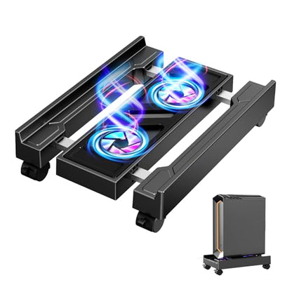 CABTE Adjustable CPU Holder with Cooling Fan and RGB Light | Mobile CPU Holder with 4 Rolling Casters, Under Desk Computer Tower Stand PC Floor Cart PC Riser for Office, Home (With Fan) - color: With Fan