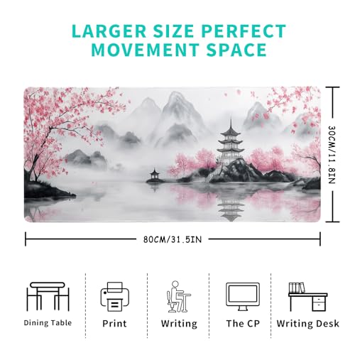 Pagoda Mouse Pad 31.5x11.8 Inch White Full Desk Japanese Mousepad Extended Large Non-Slip Rubber Base Waterproof Big Keyboard Mat with Stitched Edges for Gaming and Office - color: Pagoda