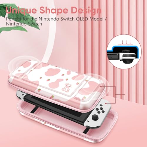 FINTIE Carrying Case for Nintendo Switch OLED Model 2021/Switch 2017, [Shockproof] Hard Shell Protective Cover Travel Bag with 10 Game Card Slots & Inner Pocket - color: strawberry cow