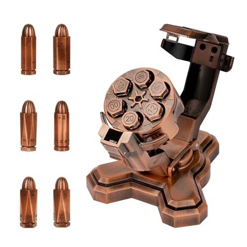 Bullet Nest Shaped Metal Dice Set with Spinning Revolver Case - 6 RPG Polyhedral Dice for D&D, Gifts for Gamers & Gun Lovers (D00, Copper) - color: Copper, style: D00