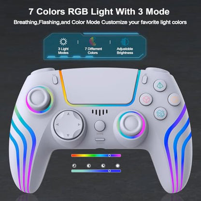 RGB Wireless Game Controller for PlayStation 5 Bluetooth Replacement Gamepad for PS-5/ Windows PC Rechargeable Double Vibration Motion Sensor Joystick Remote Joypad with 1500mAh Battery,Turbo (White) - color: White