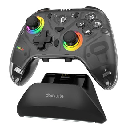 C8 PC Controller - Wireless Bluetooth Gamepad - Hall Effect Joystick RGB Backlit - 1000Hz Polling Rate -Dual Vibrate Macro Buttons for PC, Switch, Switch 2, Steam Deck, Android, iOS, MAC &Tesla Charging Dock - color: Black Transparent