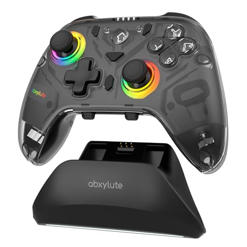 C8 PC Controller - Wireless Bluetooth Gamepad - Hall Effect Joystick RGB Backlit - 1000Hz Polling Rate -Dual Vibrate Macro Buttons for PC, Switch, Switch 2, Steam Deck, Android, iOS, MAC &Tesla Charging Dock - color: Black Transparent