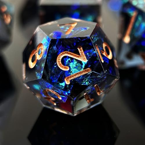 HAOMEJA 7pcs Sharp Edge Resin Dice Set, Handmade Polyhedral Dice with Glitter & Galaxy Effect Apply to DND, D&D, RPG, MTG Games, Role Playing Game, Easter, Halloween Party Gift (Black & Gold Word) - color: T Black & Gold Word