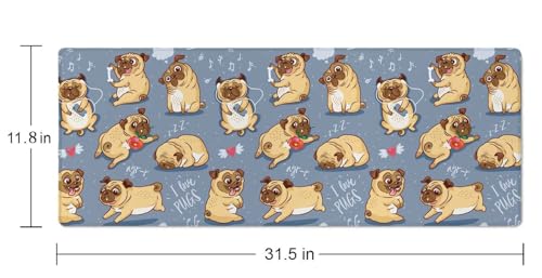 Gaming Mouse Pad Large,Cartoon Pug Pupies Mouse Pad Gaming Mouse Mat Desk Pad,31.5 x 11.8 Desk Mat Mouse Pads for Desk,Extended Keyboard Mousepad with Non-Slip Base and Stitched Edge - color: Cartoon Pug Pupies