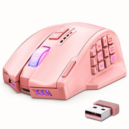 UtechSmart Venus Pro Wireless MMO Gaming Mouse, 16,000 DPI Optical Sensor, Wired/Wireless Dual Modes, 16M Chroma RGB Lighting, 16 Programmable Buttons, Ergonomic Design, Up to 70H, Pink - color: Pink