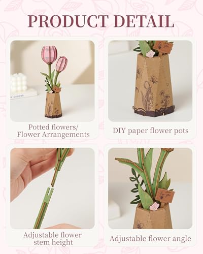 3D Flower Wooden Puzzles for Adults-Pink Tulip, DIY Wooden Flowers Model Kit Building Set Crafts for Adults to Build, Botanical Collection/Ideal Creative Gift Ideas/Housewarming (72PCS) - style: TW - Pink Tulip