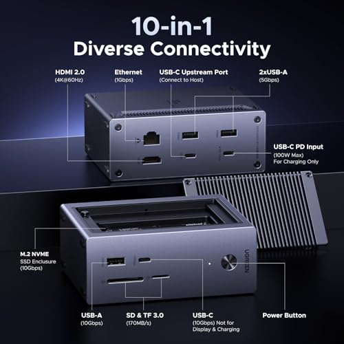 UGREEN Revodok NVMe 10-in-1 Docking Station 4K@60Hz HDMI | M.2 NVMe SSD Enclosure, 10Gbps USB-C/A, 100W PD Charging, Gigabit Ethernet, SD/TF for MacBook M5, Mac mini M4, Windows Laptop