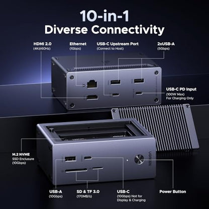 UGREEN Revodok NVMe 10-in-1 Docking Station 4K@60Hz HDMI | M.2 NVMe SSD Enclosure, 10Gbps USB-C/A, 100W PD Charging, Gigabit Ethernet, SD/TF for MacBook M5, Mac mini M4, Windows Laptop