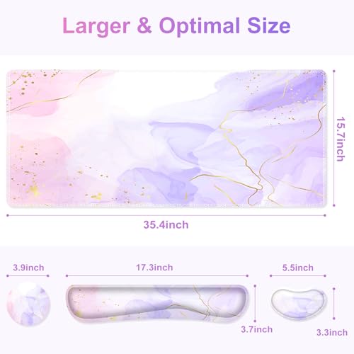 Large Gaming Mouse Pad Set, 4 in 1 Extended Keyboard Desk Mat with Wrist Rest, PC Computer Game Mousepad Set, Non-Slip Desk Pad Easy Typing Pain Relief for Home Office I Pink Purple Marble - color: Pink Purple Marble