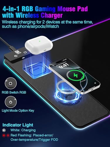 Mouse Pad with Magnetic Wireless Charging, Large Desk Pad Protector, RGB Black Desk Mat with 15W Fast Charger, Non-Slip Waterproof Mousepad for Office Home Gaming - color: Black Magnetic Charging XL with 20W Adapter